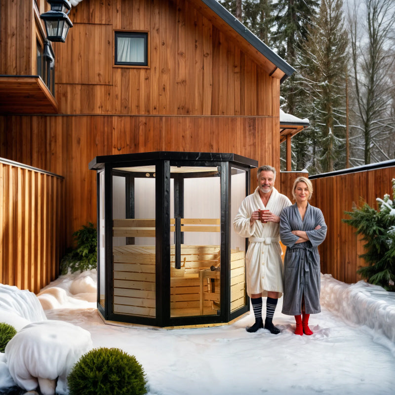 Two people in bathrobes standing outside a wooden sauna in a snowy landscape.