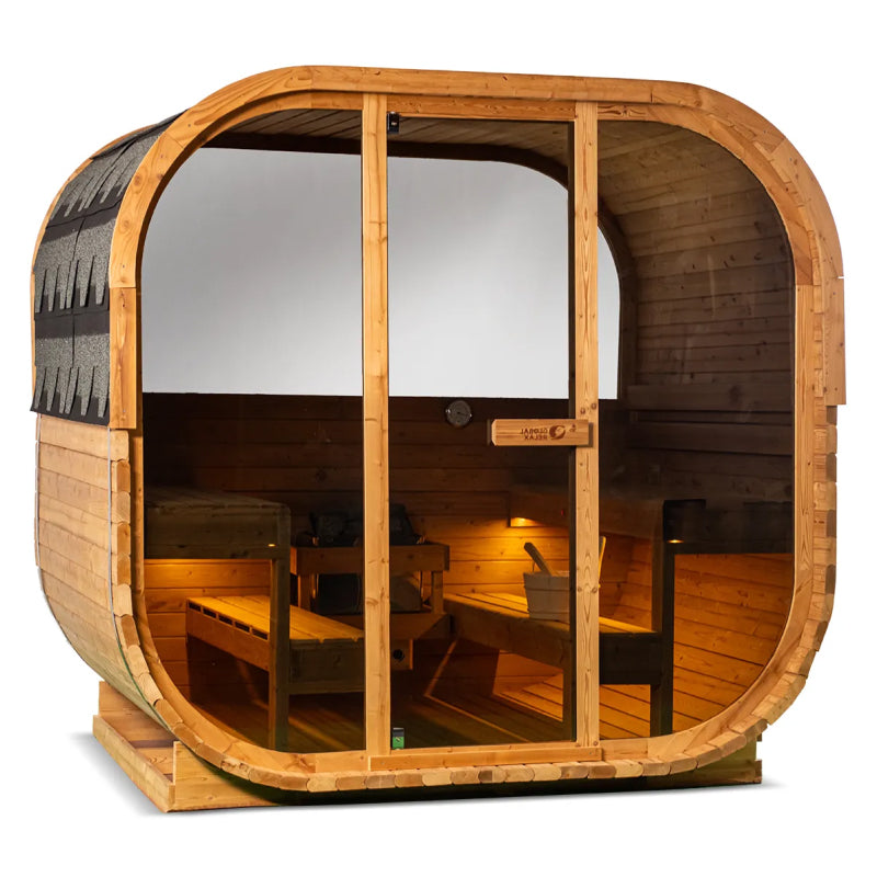 Wooden sauna with glass doors on a white background.
