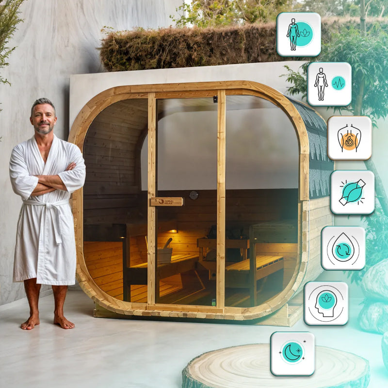 Man in a robe standing next to a wooden sauna with wellness icons on a blue gradient background