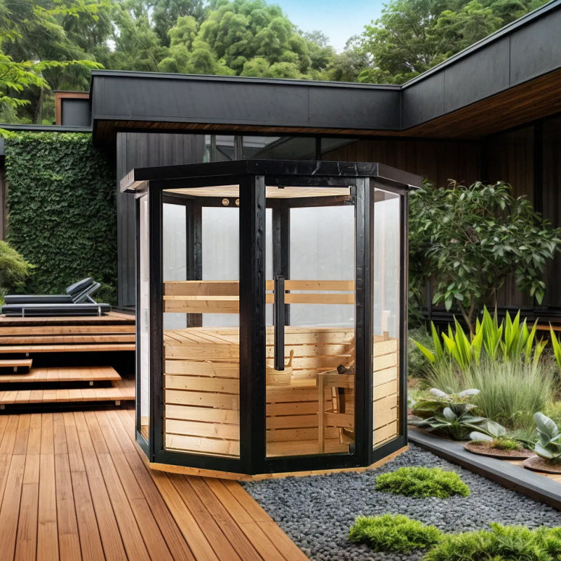 Modern outdoor sauna with wooden interior and glass walls, surrounded by greenery.