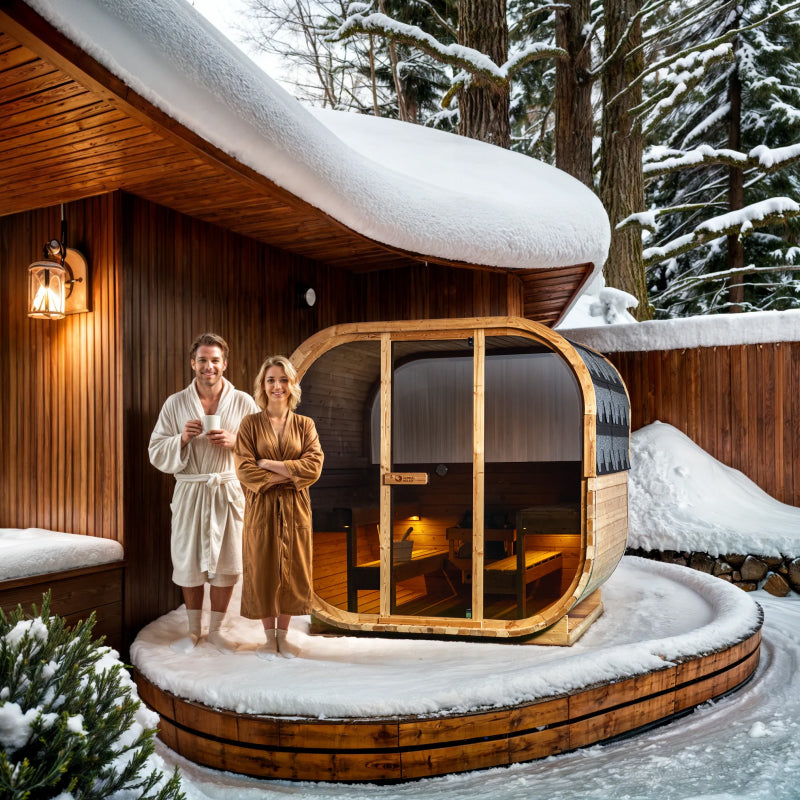 Two people in bathrobes standing next to a wooden outdoor sauna in a snowy landscape.