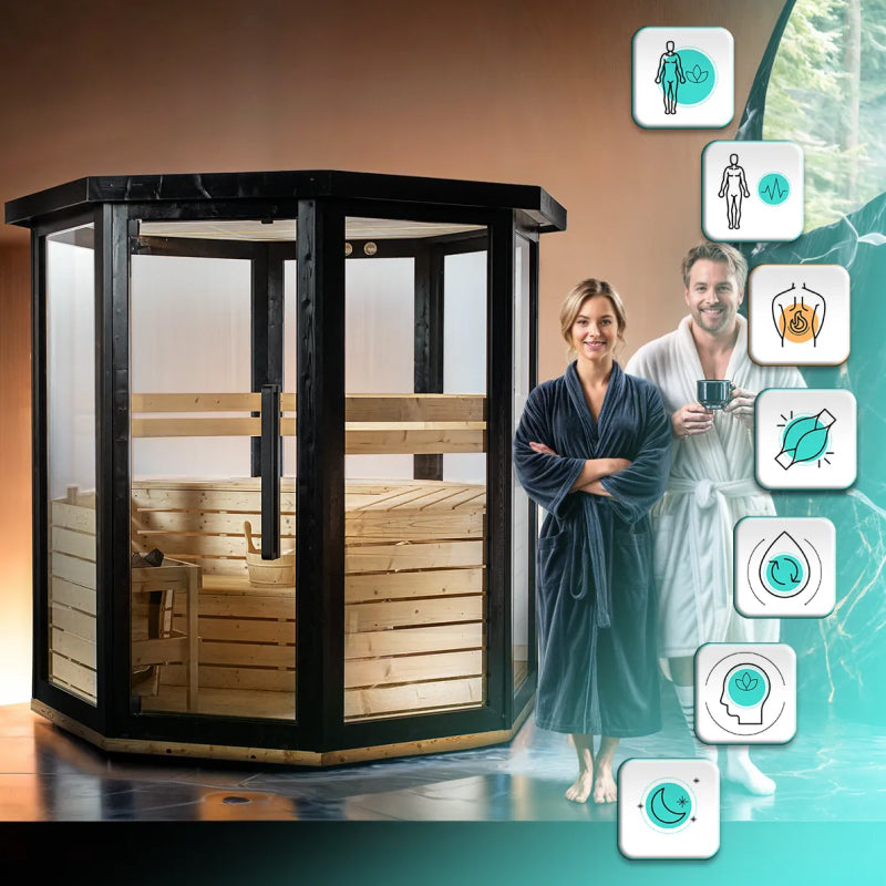 Two people standing in front of a wooden sauna with icons indicating sauna benefits.