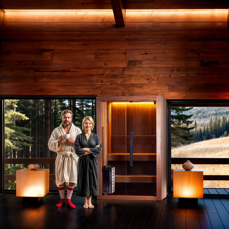 Two people in bathrobes standing in a wooden sauna with a view of the forest outside.