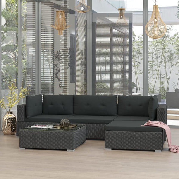 VidaXL Black Poly Rattan 5 Piece Garden Lounge Set With Cushions Heartwarming Fires