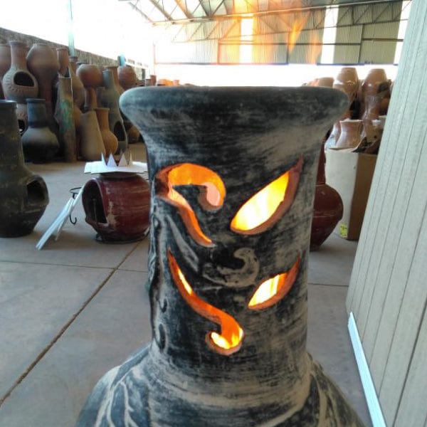 Funnel Close-Up Of Gardeco Wyre EL Dragon Grey Chiminea With Cut-Outs To See Flames With Burning Fuel Inside | SKU: WYRE.55 | Barcode: 5031599048567