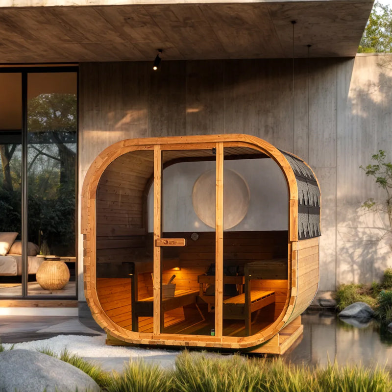 Wooden sauna pod in a modern outdoor setting with concrete walls and large windows.