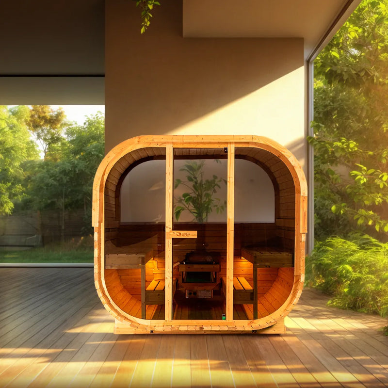 Wooden sauna with glass doors in a modern outdoor setting