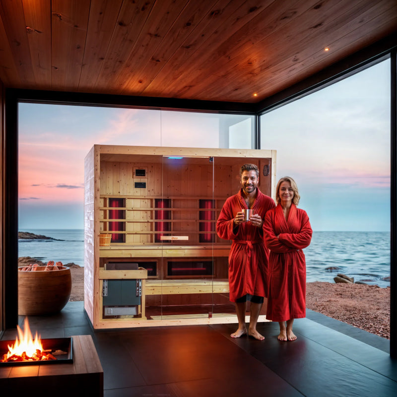 Two people in red robes standing in front of a sauna with a scenic view of water and sky.