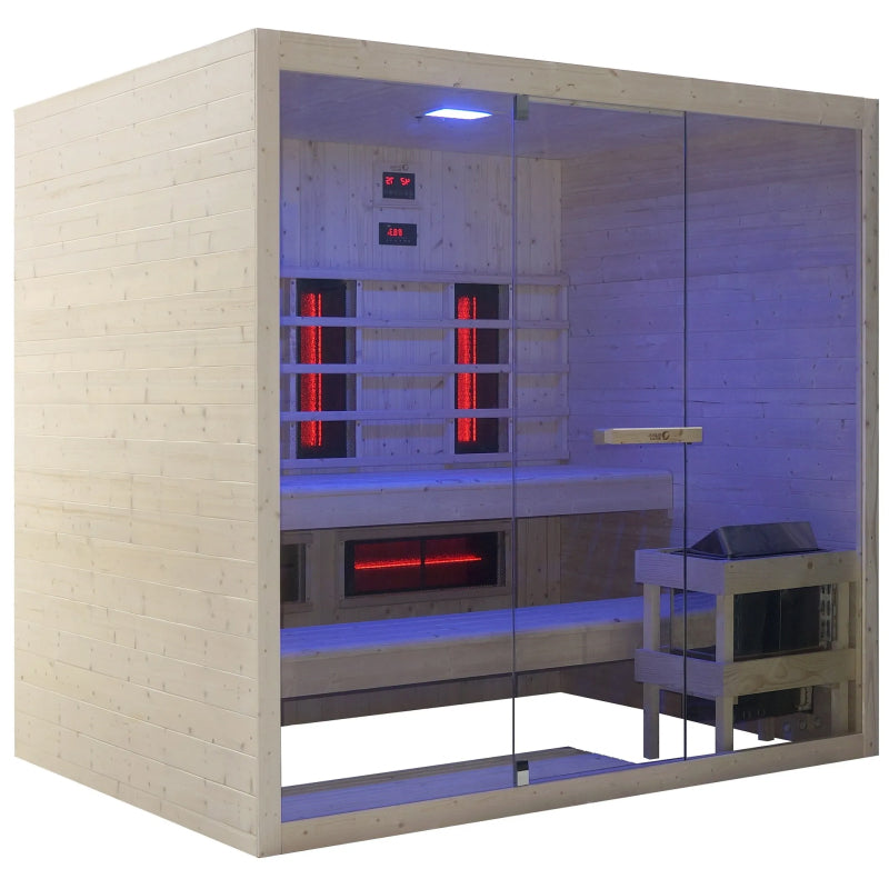 Dharani Combi infrared and steam sauna with wooden interior and glass walls, featuring LED lights.