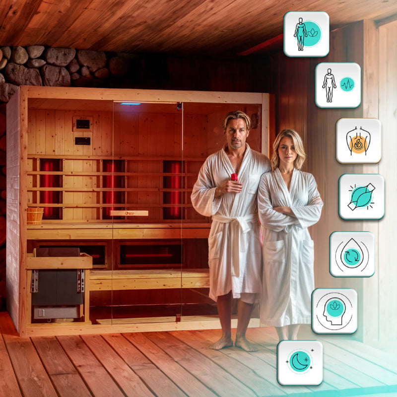 Dharani Combi infrared and steam sauna with wooden interior and glass walls, featuring LED lights with two people in a wooden sauna with various icons on the right side.