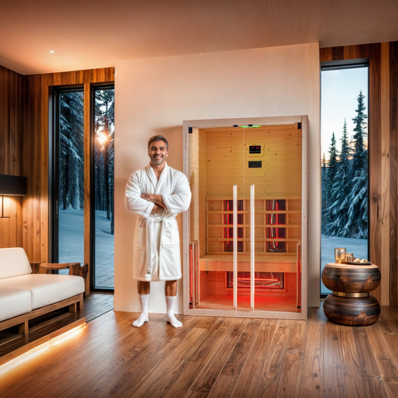 Man in a white robe standing in front of Dharani S2 infrared sauna with a snowy landscape outside.