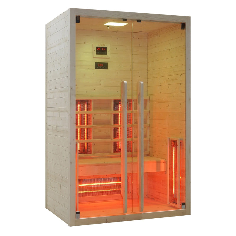 Dharani S2 infrared sauna with wooden interior and glass door on a white background.
