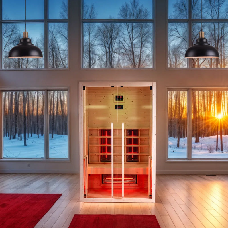 Dharani S2 infrared sauna in a modern room with large windows showing a snowy landscape.