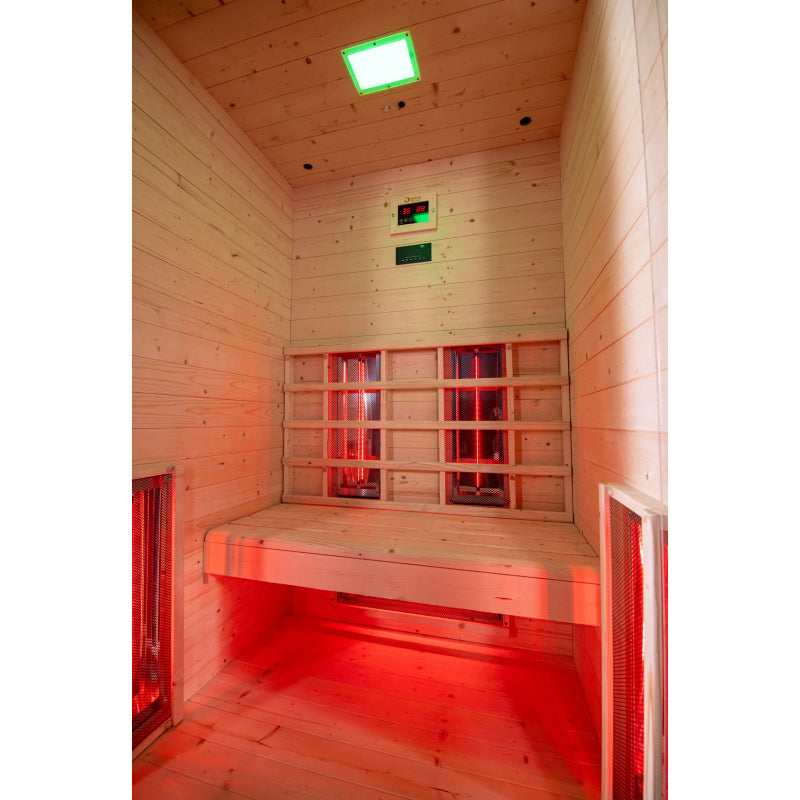 Dharani S2 infrared sauna with wooden interior and red light.