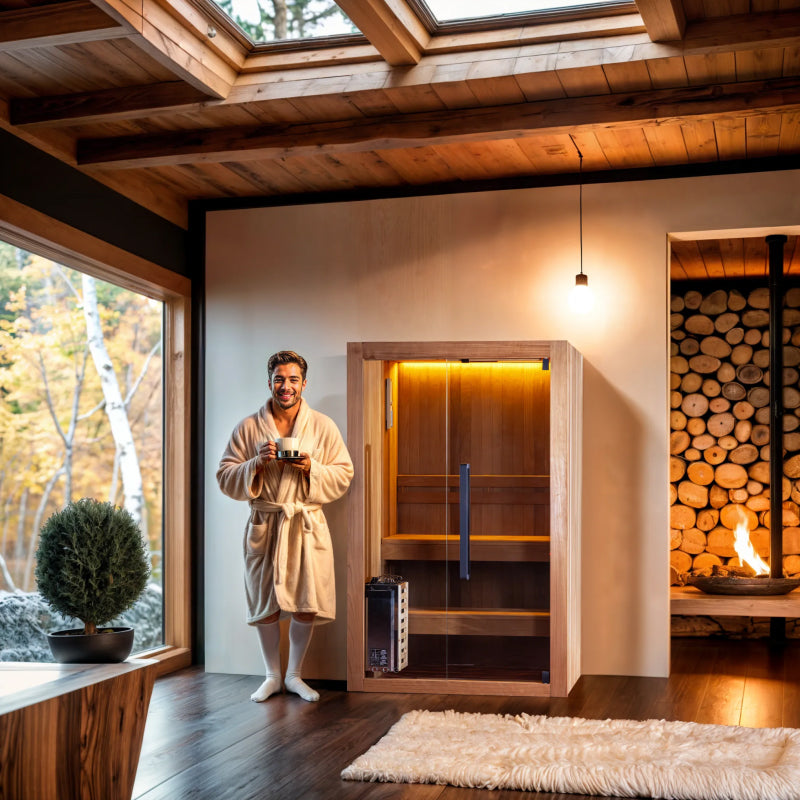 Man in a robe standing in a modern sauna room with wooden interior and large windows.