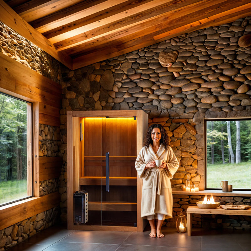 Woman in a robe standing in a stone-walled sauna with wooden beams and windows.