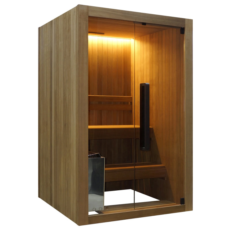 Wooden sauna with interior lighting on a white background
