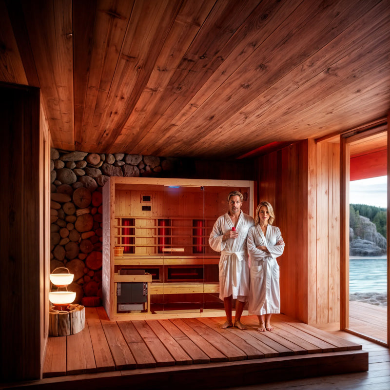 Two people in white robes standing in front of a wooden sauna with a view of the river.