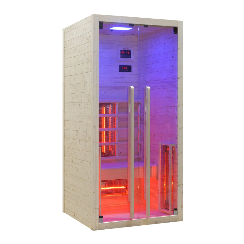 Global Relax Dharani S1 Infrared sauna for 1 person with wooden exterior and colorful interior lights on a white background