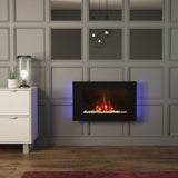 FLARE Azonto 35" Wall Mounted Electric Fire With Pebble Bed And Blue Ambient Back Lighting In A Room Setting