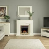 FLARE Bramwell 45" Timber Electric Fireplace In Soft White Finish With Integrated FLARE Fazer 16" Inset Electric Fire In Brass Finish Pictured In A Room Setting