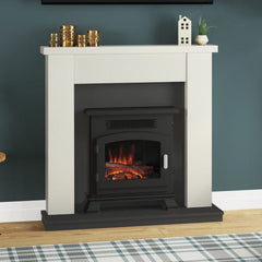 FLARE 42" Ravensdale Timber Electric Fireplace In Soft White Finish With Anthracite Back Panel & Hearth With FLARE Banbury 16" Inset Electric Stove Pictured In A Room Setting