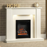 FLARE Athena 16" Inset Electric Fire In Black Finish With FLARE Elda White Micro Marble Fireplace Surround With Smartsense And Undermantel Lighting Pictured In A Room Setting
