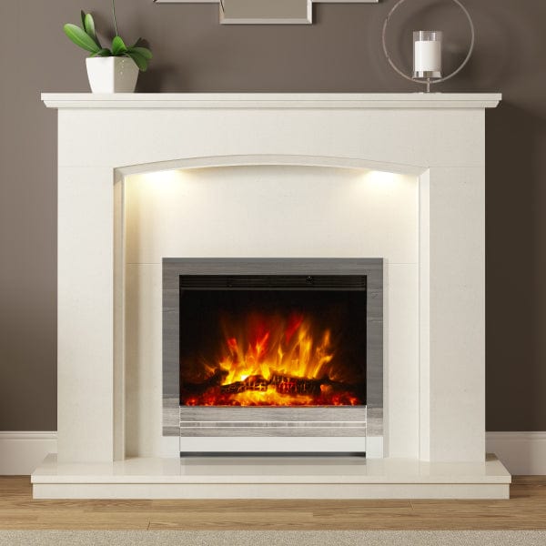 FLARE Emelia 52" Micro Marble Electric Fireplace With Smartsense Undermantel Lighting And Integrated FLARE Beam 22" Inset Electric Fire Pictured In A Room Setting