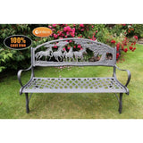 Gardeco Country Cast Iron Bench With Horses And Tree In A Garden Setting | SKU: BENCH-COUNTRY | Barcode: 5031599039442