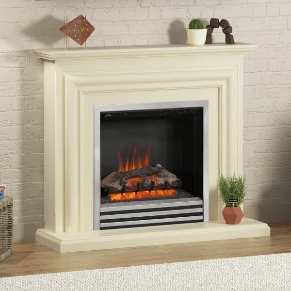 FLARE Carina 44" Timber Electric Fireplace In Ivory Painted Finish With Integrated Chrome Electric Fire Pictured In A Room Setting