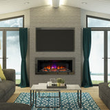 FLARE 45" Avella Grande Inset Wall Mounted Electric Fire In Black Nickel Finish In A Room Setting With TV Above It