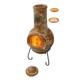 Side View On Gardeco Large Sol Mexican Chiminea In Rustic Orange With Burning Logs Inside | SKU: C21SL.37 | Barcode: 5031599045481
