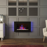 FLARE Azonto 35" Wall Mounted Electric Fire With Pebble Bed And Blue Ambient Back Lighting In A Room Setting
