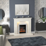 FLARE Isabelle 45" Manila Micro Marble Fireplace Surround With Undermantel Lighting And Integrated FLARE Athena 16" Inset Electric Fire In Chrome Finish Pictured In A Room Setting