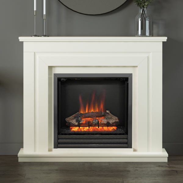 FLARE Whitham 48" Timber Electric Fireplace In Soft White Painted Finish With Integrated Widescreen Electric Fire In Black Nickel Pictured In A Room Setting