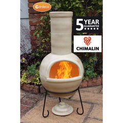 Gardeco Sempra Large Cappuccino Chimalin AFC Chiminea With Burning Logs Inside In A Garden Setting | SKU: AFC-C21.73 | Barcode: 5031599044606