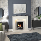 FLARE Isabelle 45" Manila Micro Marble Fireplace Surround With Undermantel Lighting And Integrated FLARE Avantgarde 16" Inset Gas Fire Pictured In A Room Setting