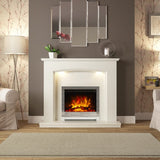 FLARE Emelia 52" Micro Marble Electric Fireplace With Smartsense Undermantel Lighting And Integrated FLARE Beam 22" Inset Electric Fire Pictured In A Room Setting