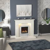 FLARE Isabelle 45" Manila Micro Marble Fireplace Surround With Undermantel Lighting And Integrated FLARE Gas Fire In A Room Setting