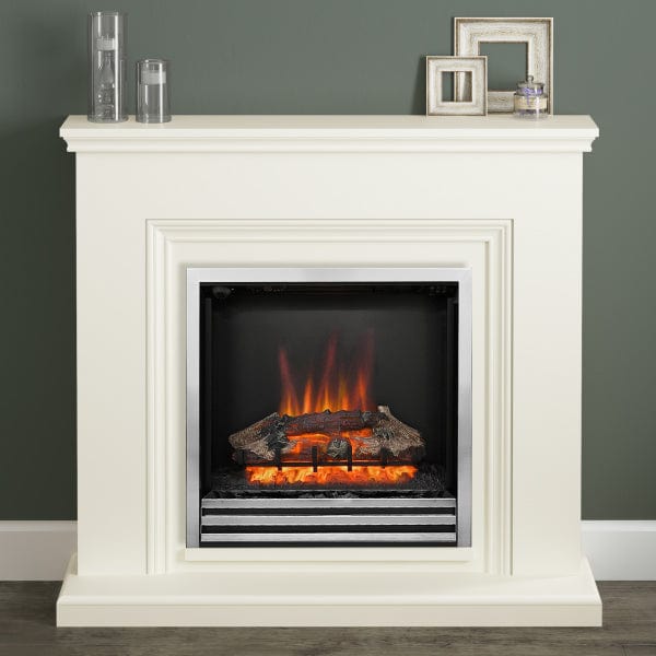 FLARE 46" Stanton Electric Fireplace In Soft White Finish With Integrated Widescreen Chrome Fire Pictured In A Room Setting