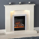 FLARE Isabelle 45" Manila Micro Marble Fireplace Surround With Undermantel Lighting And Integrated FLARE Athena 16" Inset Electric Fire In Chrome Finish Pictured In A Room Setting