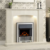 FLARE Aspen 16" Inset Electric Fire In Chrome Finish With FLARE White Micro Marble Surround With Smartsense And Undermantel Lighting Pictured In A Room Setting