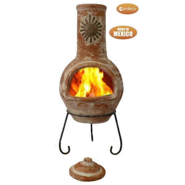 Gardeco Large Sol Mexican Chiminea In Rustic Orange With Burning Logs Inside | SKU: C21SL.37 | Barcode: 5031599045481