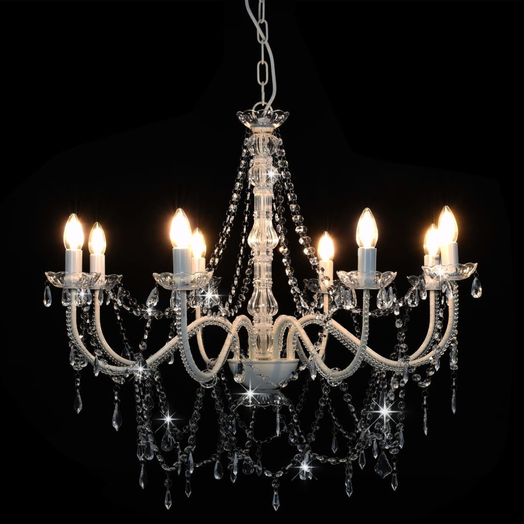 vidaXL Chandelier With Beads White 8 x E14 Bulbs | SKU: 281604 | Barcode: 8719883573274
