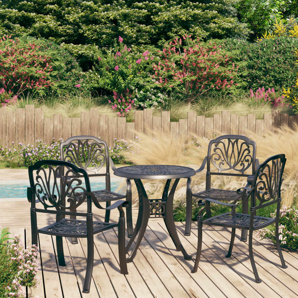 VidaXL Black Cast Aluminium 5 Piece Bistro Set With Round Table In A Sunny Garden Setting | SKU: 3070599 | UPC: 8720286406540 | Weight: 39.4kg