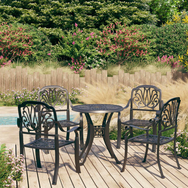 VidaXL Black Cast Aluminium 5 Piece Bistro Set With Round Table In A Sunny Garden Setting | SKU: 3070599 | UPC: 8720286406540 | Weight: 39.4kg