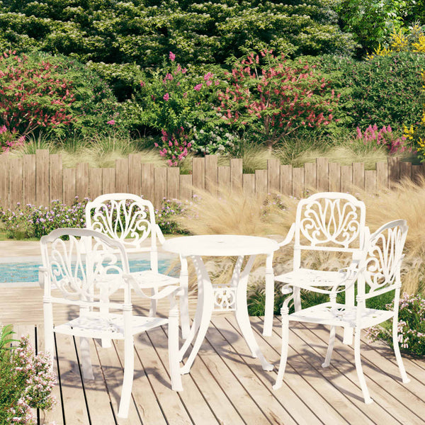 VidaXL White Cast Aluminium 5 Piece Bistro Set With Round Table N2 In A Sunny Garden Setting | SKU: 3070600 | UPC: 8720286406557 | Weight: 39.4kg