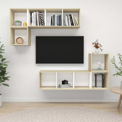 VidaXL White & Sonoma Oak Chipboard 4 Piece Hanging TV Cabinet Set | SKU: 3079813 | UPC: 8720286591161 | Weight: 63kg