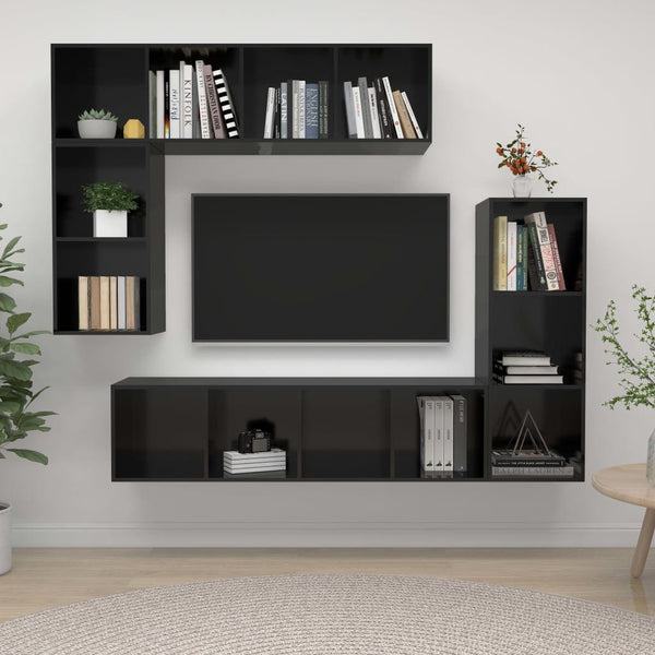 VidaXL High Gloss Black Chipboard 4 Piece Hanging TV Cabinet Set | SKU: 3079824 | UPC: 8720286591277 | Weight: 79.5kg