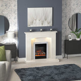 FLARE Athena 16" Inset Electric Fire In Black / Chrome Duo Finish With FLARE Isabelle Manila Micro Marble Fireplace Surround With Smartsense And Undermantel Lighting Pictured In A Room Setting